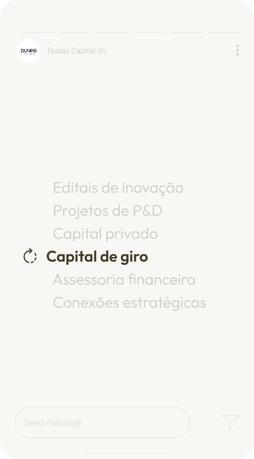Story da Dunas com a lista de serviços e capital de giro em destaque