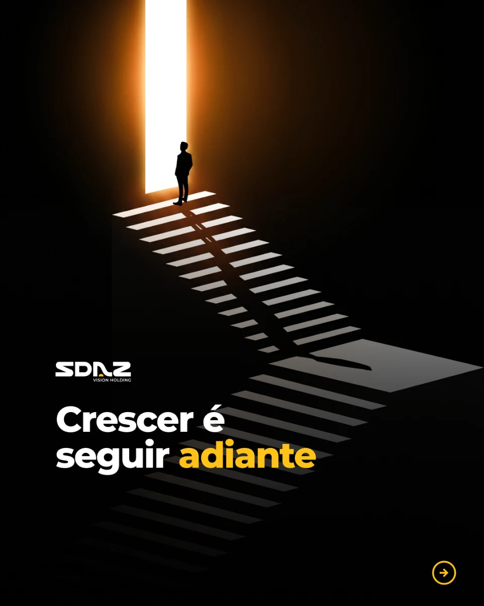 SDAZ post: a person at the top of a lit staircase and the line “Growing is moving forward”