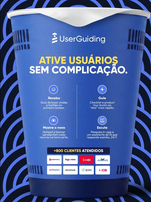 Arte do estande: o copo de miojo com os quatro passos, Receba, Guie, Mostre o novo, Escute